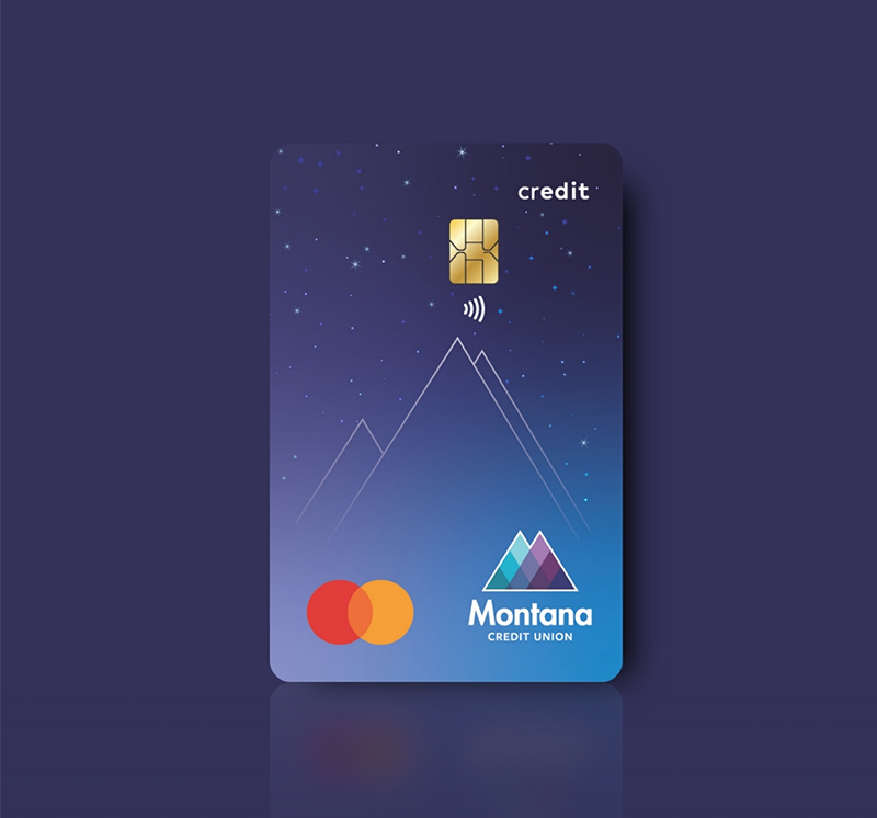 A Montana Credit Union credit card mockup standing upright on a dark purple background with a subtle drop shadow and a faint reflection beneath, giving the effect of a glossy surface.