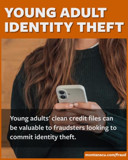 Image of a young female holding a mobile phone, with the text "Young adults' clean credit files can be valuable to fraudsters looking to commit identity theft."