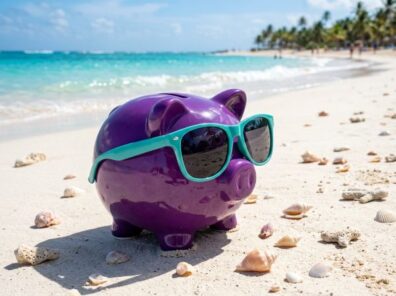 Purple piggy bank on the beach
